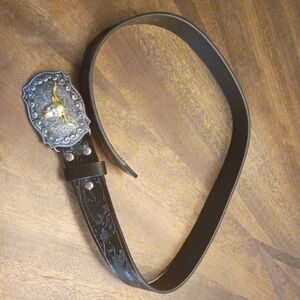 Western Tooled Black Leather Belt with Ornate Silver-Gold Buckle